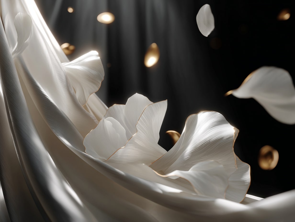 Hochwertige Feuchtigkeitspflege mit Hyaluronsäure auf schwarzem Hintergrund mit Perlenglanz, Seidenband und Orchideenblüten. Luxuriöses Hautpflege-Motiv inspiriert von Chanel.